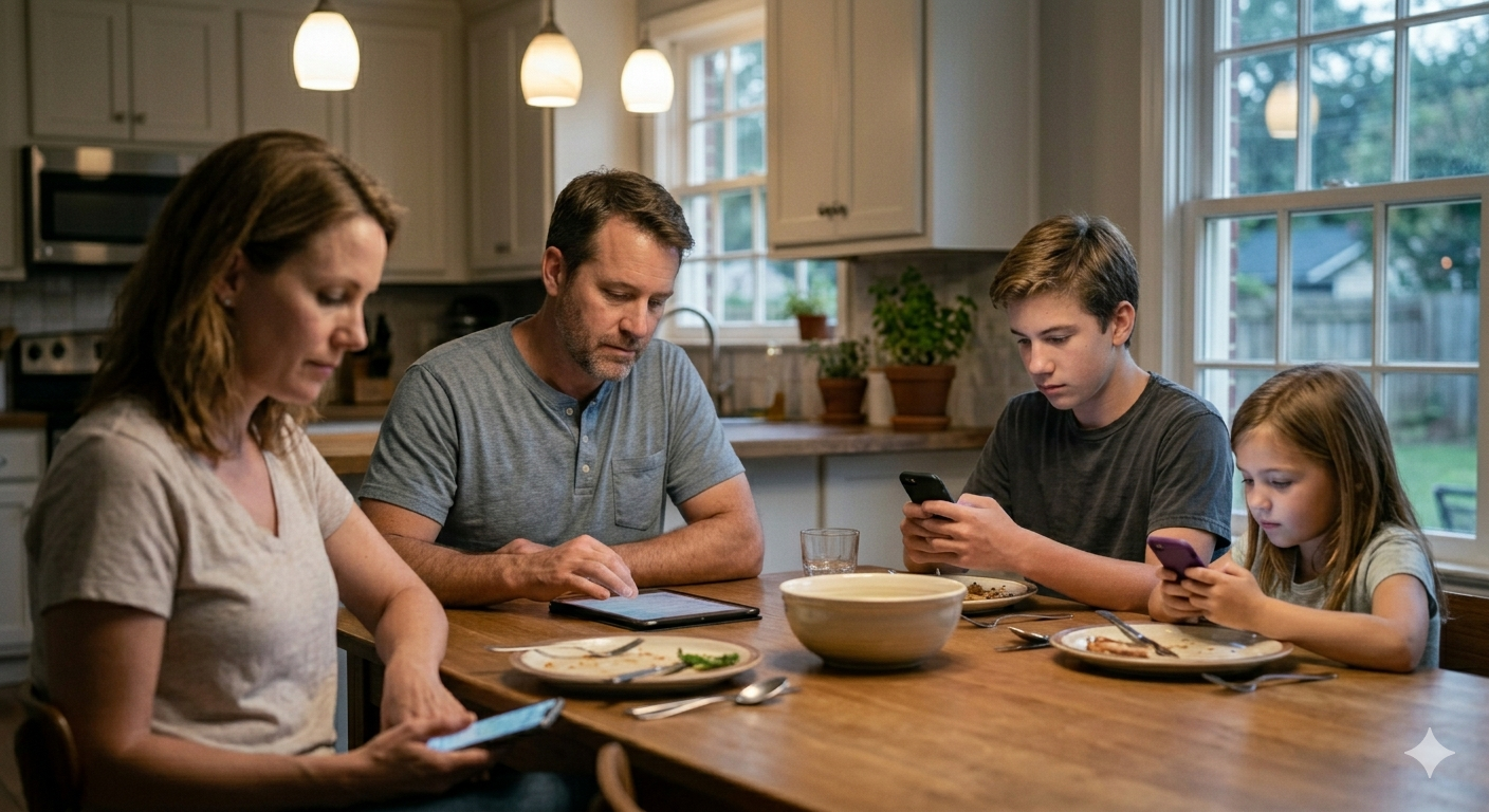 family sitting at dinner table looking at phones instead of talking to each other