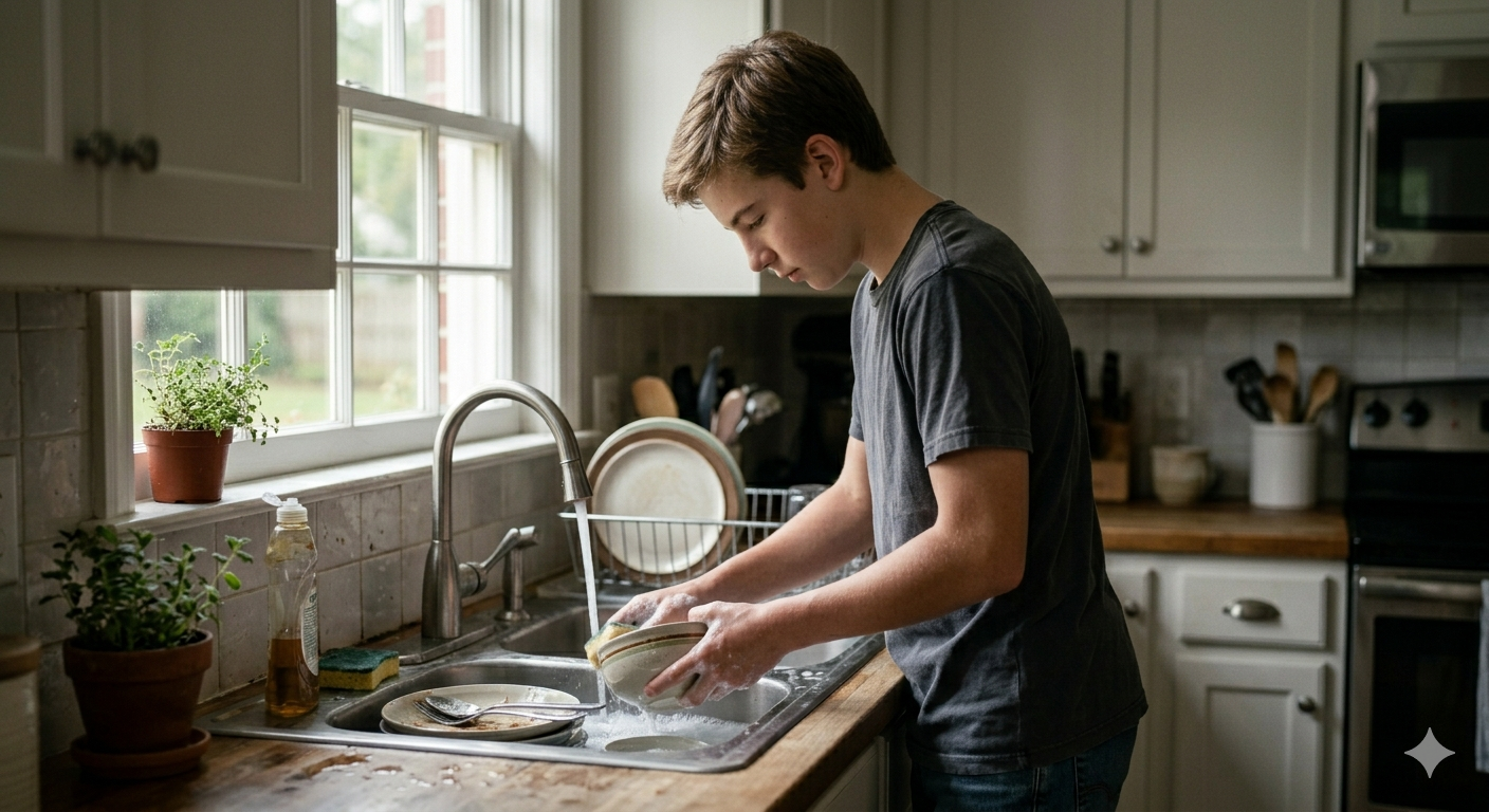 teenager washing dishes at home learning responsibility and independence