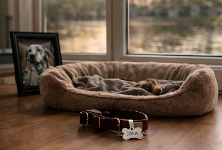 empty dog bed by a window in soft light symbolizing loss and remembrance