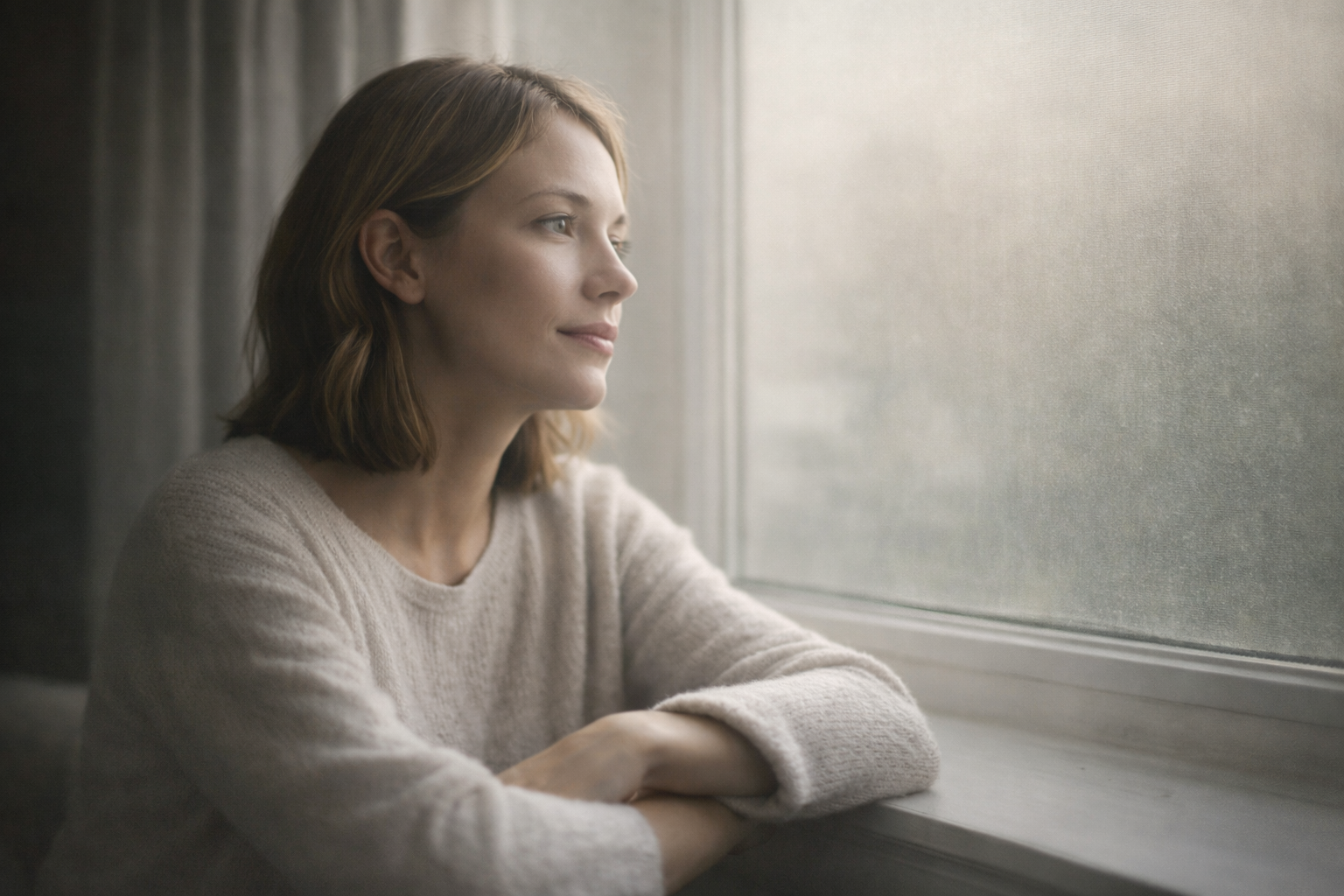 Quiet moment of reflection woman sitting by a window in soft natural light looking calm and reflective